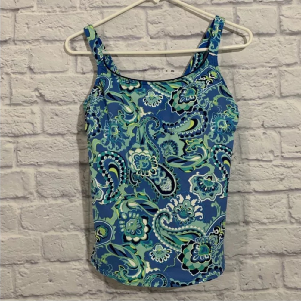 Lands End Womens Turquoise Paisley Print Tankini Swimsuit Top Size 4